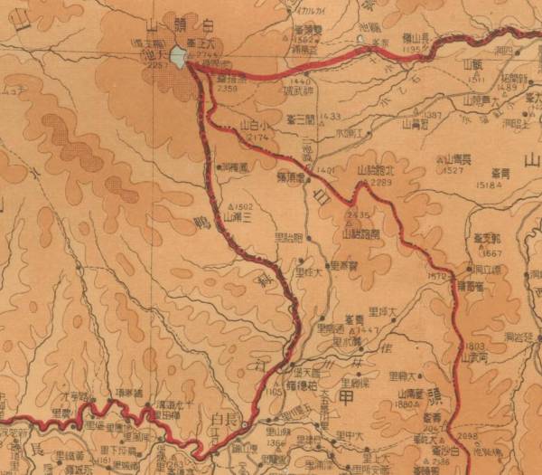 白頭山付近。日本地図帖, 成象堂 大正 13 年 (1924), 国立国会図書館デジタルコレクション（部分）Around Mt. Hakutōsan, Japan Atras, Seishōdō, 1924, NDL Digital Collections (Part)