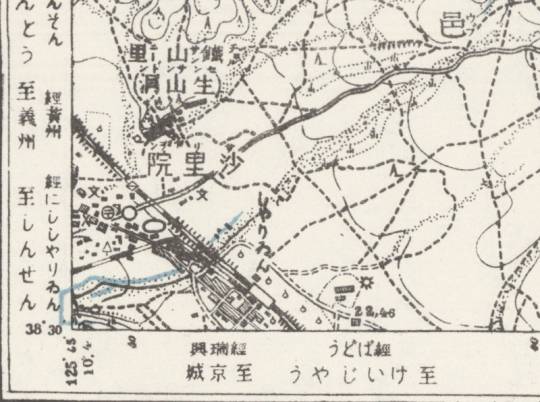 同図幅 左下付近「しやりゐん」（사리원）「けいじやう」（경성）.Shari'in and Keijō near the bottom left of the map sheet.